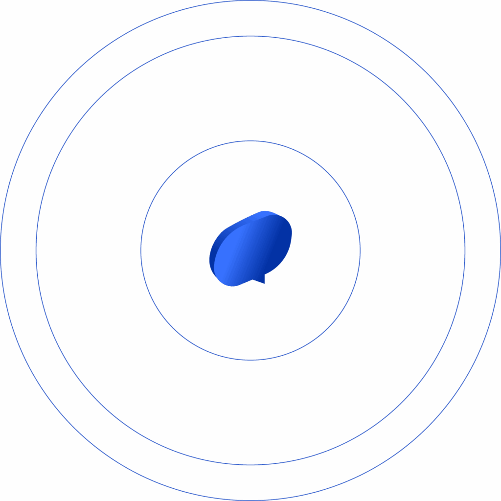 A blue, 3D chat bubble icon at the center of concentric blue circles, radiating outwards on a white background.
